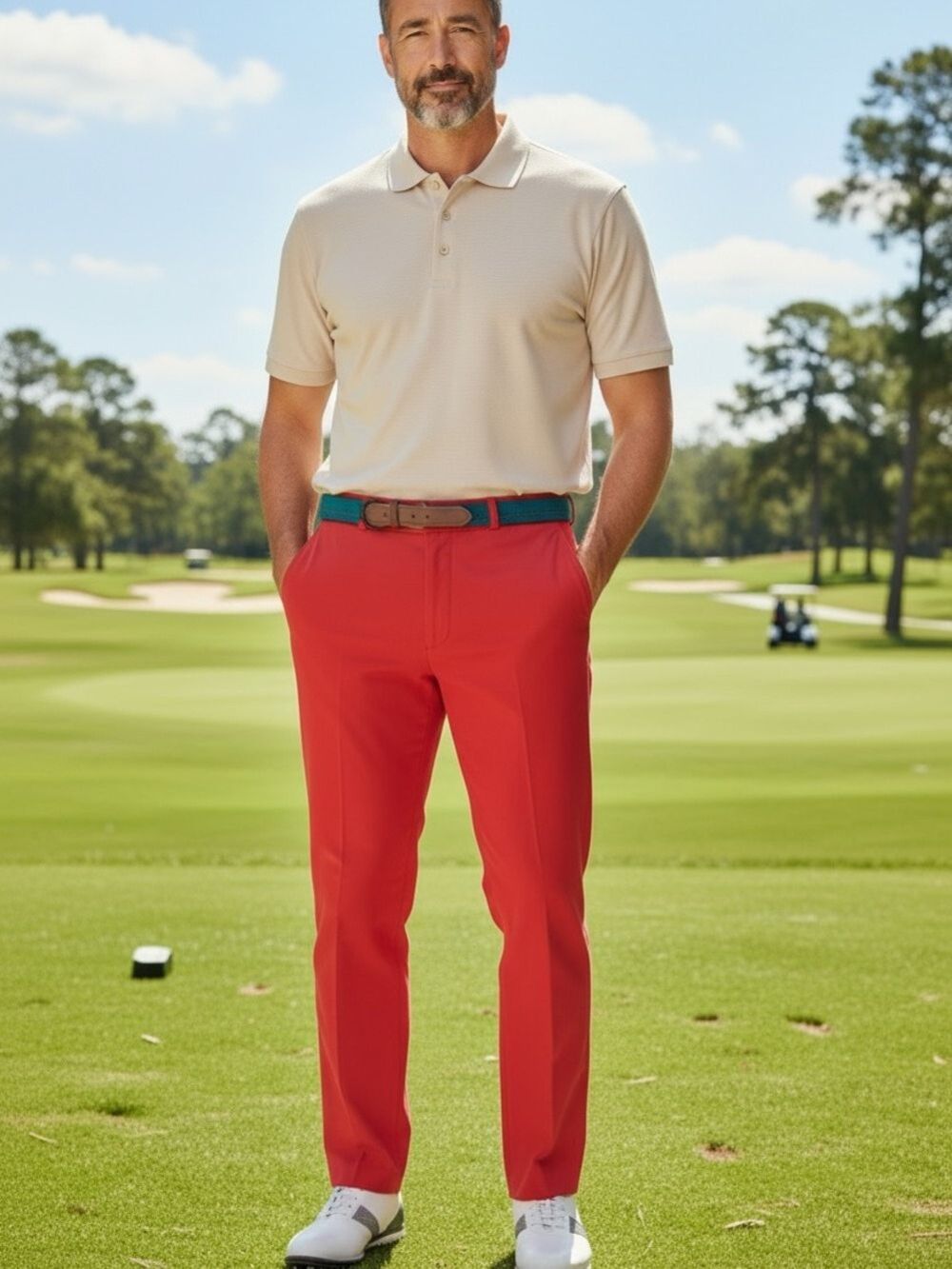 NWT 90s THOMPSON BRIGHT RED GOLF PANTS W STRIPE BELT ECLECTIC GRANDPA SZ 38WX34L